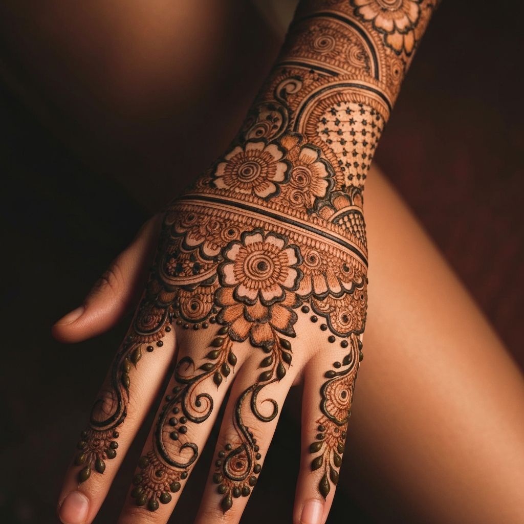 Intricate floral mehndi design on palm with dots and paisley patterns