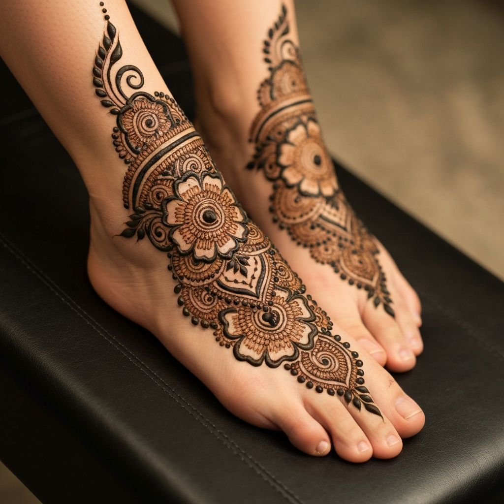 Mehndi design on feet with floral henna artwork