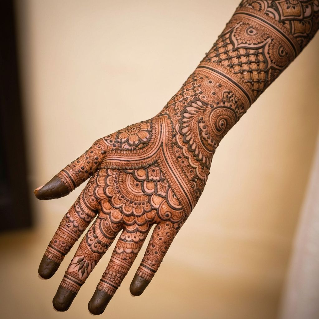 Bridal mehndi design covering full hand and arm