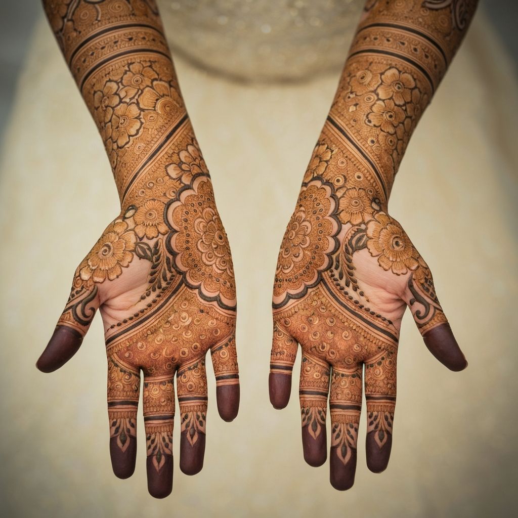 Full bridal mehndi design on hands and arms