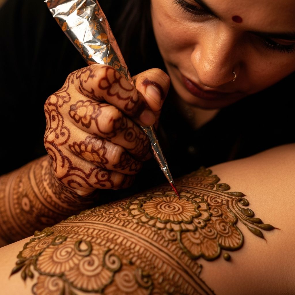 Deepak Mehandi Arts artist doing detailed henna cone work